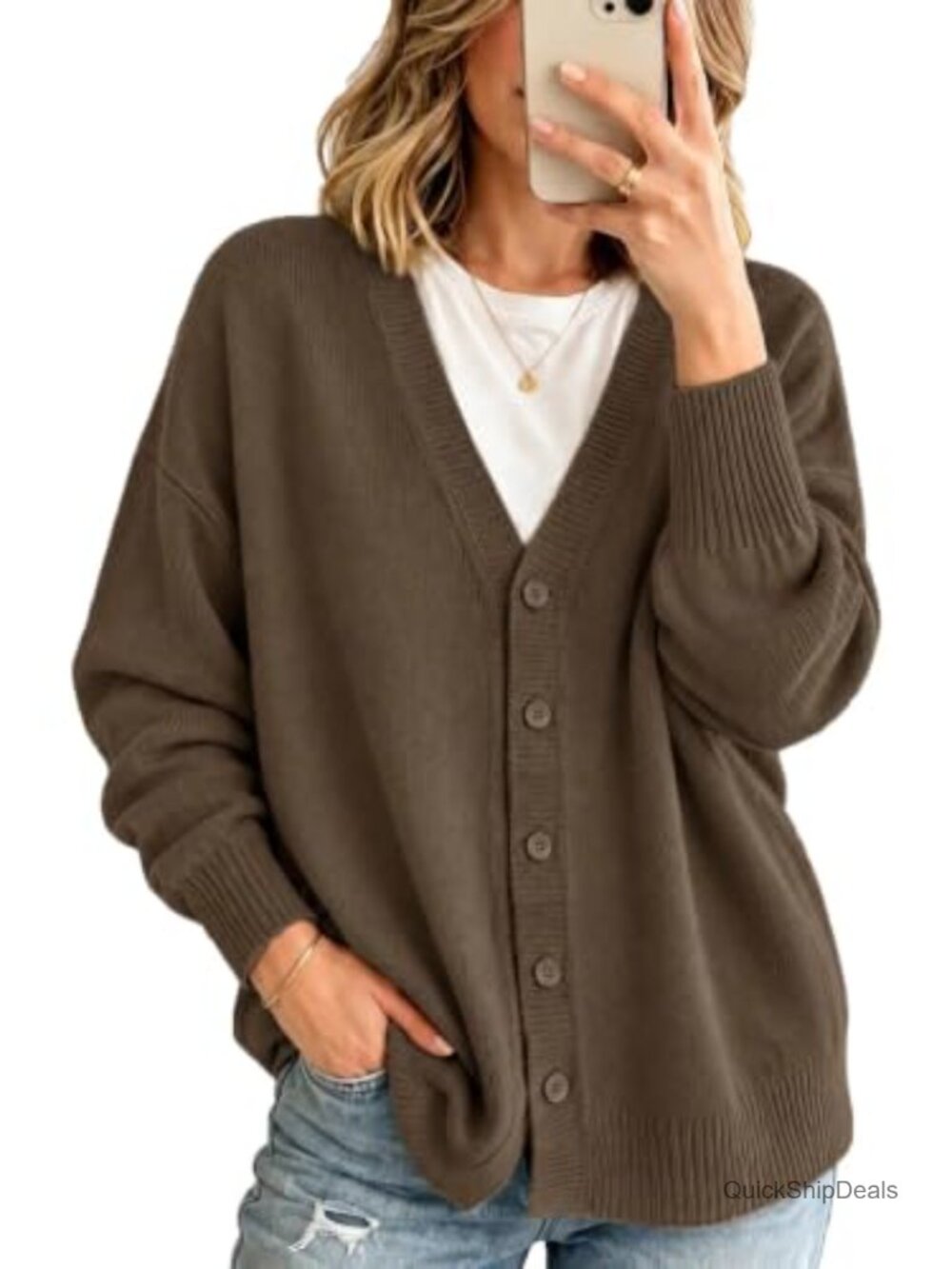 Oversized V-Neck Button Down Knit Cardigan Sweater Long Sleeve Fall